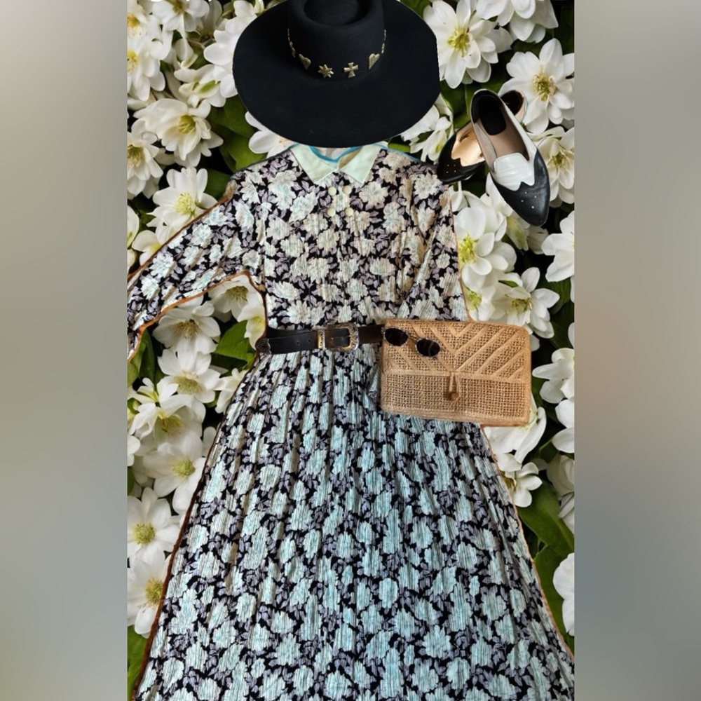 Vintage 80s Pleated Floral Midi Dress Collared Long Sleeve – Size Medium